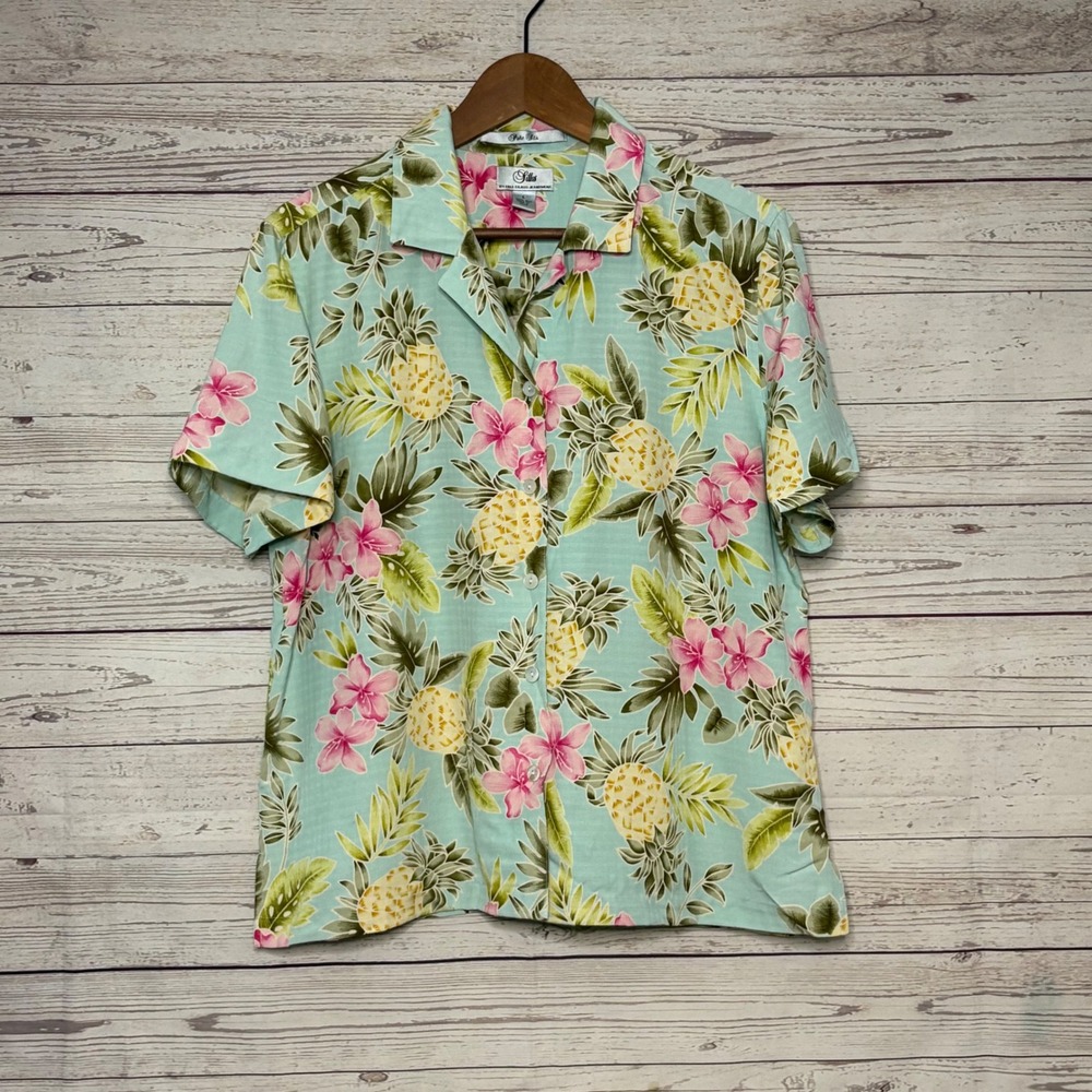 Silks‎ by Bill Blass 100% Silk Pineapple Hibiscus Tropical Shirt Blue Large